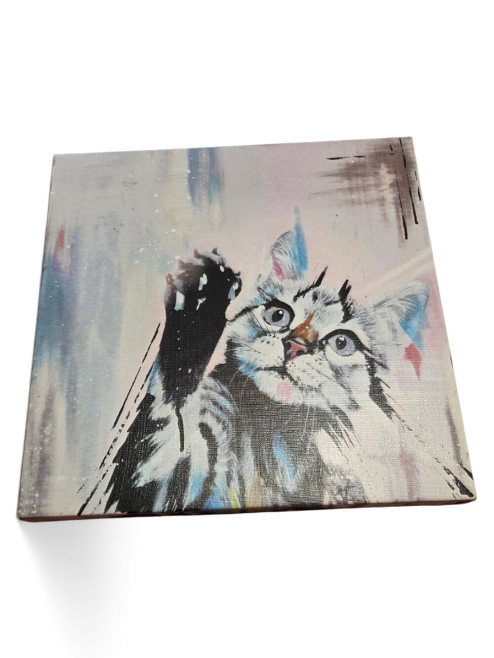 Cat Art Canvas Wall Decor - Pastel Multicolor Good Condition 16 By 16